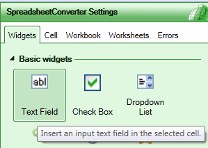 Screenshot of the widget list in the SpreadsheetConverter Settings panel Screenshot of the widget list in the SpreadsheetConverter Settings panel